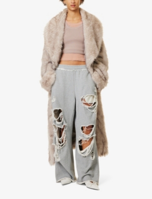 JADED LONDON WOMENS MONSTER DISTRESSED WIDE-LEG HIGH-RISE COTTON-JERSEY JOGGING BOTTOMS GREY MARL XS 