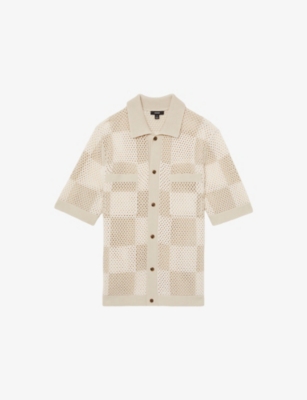 Reiss Mens Taupe Off White Alfred Checkerboard-pattern Cotton-knit Shirt