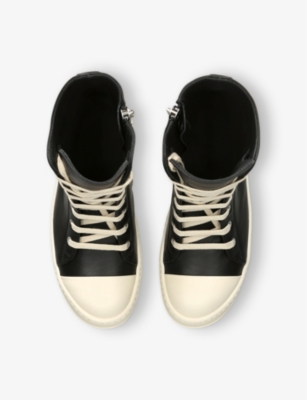 Rick Owens Black High Top Sneakers With Oversized Laces In Leather In Blk/white