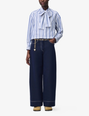 Shop Claudie Pierlot Womens Divers Bow-collar Stripe Long-sleeve Cotton Shirt