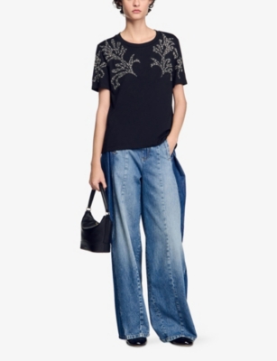 Sandro Cotton Bead-embellished T-shirt In Noir / Gris