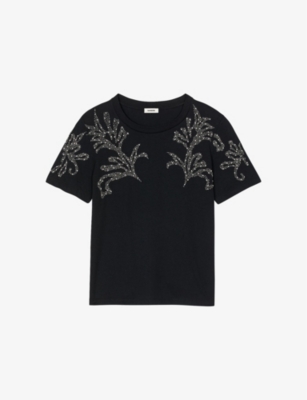 Sandro Cotton Bead-embellished T-shirt In Noir / Gris