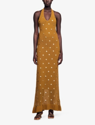 SANDRO: Halter-Neck Metal-Tassel Cotton-Knit Maxi Dress