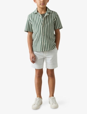 Reiss Green White Trig Textured-stripe Short-sleeve Cotton-blend Shirt 3-9