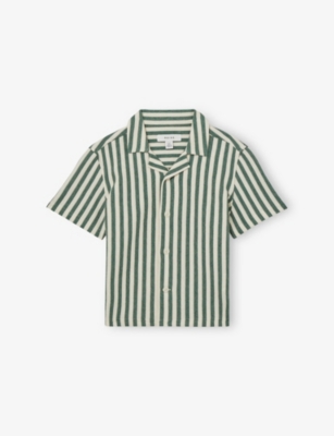Reiss Green White Trig Textured-stripe Short-sleeve Cotton-blend Shirt 3-9