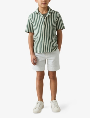 Reiss Green White Trig Textured-stripe Short-sleeve Cotton-blend Shirt 3-9