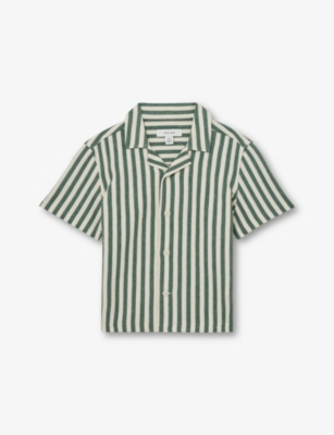 Reiss Green White Trig Textured-stripe Short-sleeve Cotton-blend Shirt 3-9