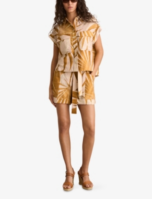Shop Reiss Womens Neutral Avril Palm-print Belted-waist Woven Shorts