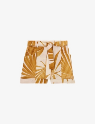 Shop Reiss Womens Neutral Avril Palm-print Belted-waist Woven Shorts