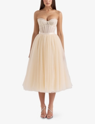 House Of Cb Darling Strapless Tulle Midi Dress In Cream