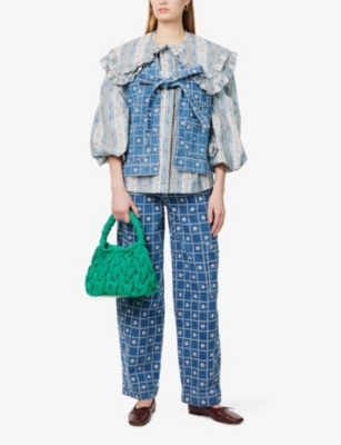 DAMSON MADDER WOMENS BLUE DREW EMBROIDERED WIDE-LEG MID-RISE DENIM JEANS 