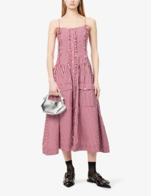 DAMSON MADDER WOMENS RED FAITH GINGHAM-PRINT COTTON-POPLIN MIDI DRESS 