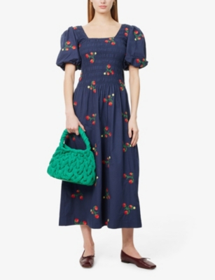 DAMSON MADDER WOMENS NAVY LAUREN EMBROIDERED COTTON-POPLIN MIDI DRESS 