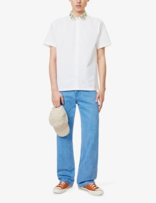 Shop Golf Le Fleur Mens White Rhinestone-embellishment Short-sleeves Relaxed-fit Cotton-poplin Shirt