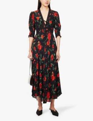 Shop Rixo London Womens Rose Black Amina Quarter-sleeves Woven Midi Dress