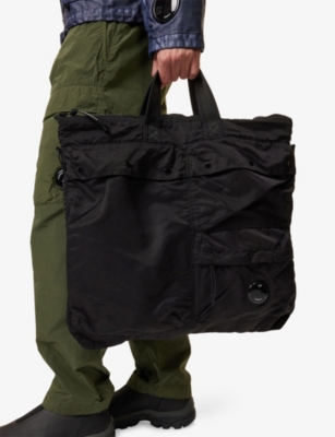 C.P. COMPANY MENS BLACK LENS-EMBELLISHED SHELL TOTE BAG 