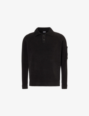 C.P. COMPANY MENS BLACK CHENILLE KNITTED COTTON POLO-SHIRT