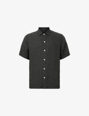 Allsaints Mens Bandol Relaxed-fit Short-sleeve Linen-blend Shirt Dark Charcoal Xl In Black