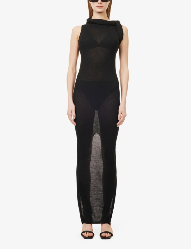 Asymmetric Semi-Sheer Knitted Maxi Dress