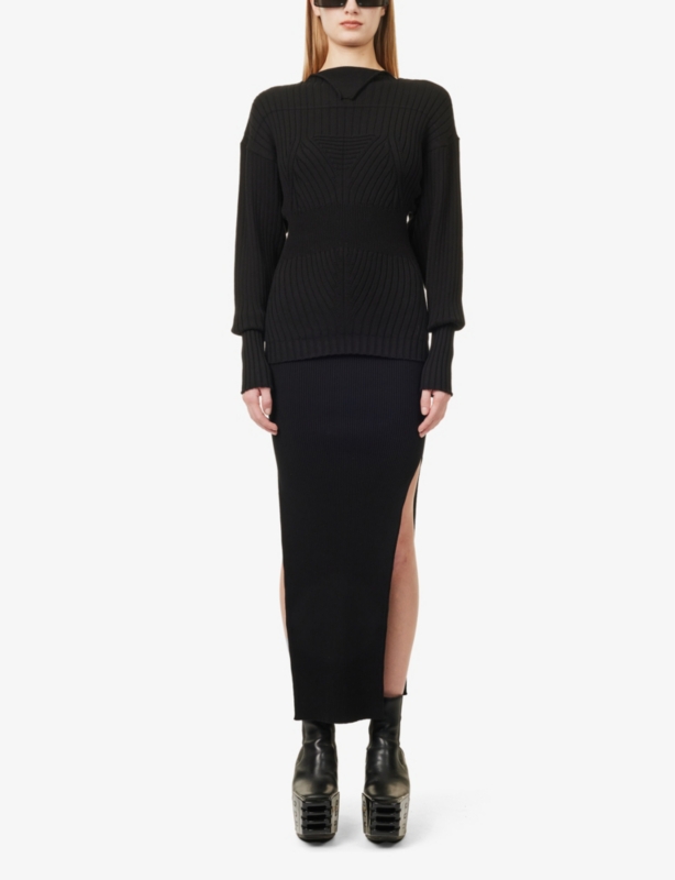 Rib Double-Slit Ribbed-Knit Maxi Skirt