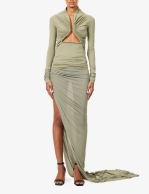 RICK OWENS WOMENS CELADON PRONG PLUNGE-NECKLINE STRETCH WOVEN TOP