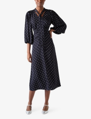 LK BENNETT WOMENS MUL-NAVY/IVORY HESTER TIE-NECK WOVEN MIDI DRESS 