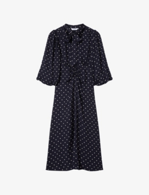 LK BENNETT WOMENS MUL-NAVY/IVORY HESTER TIE-NECK WOVEN MIDI DRESS 