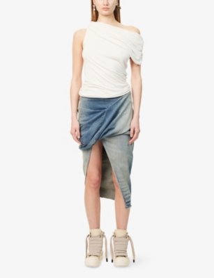 RICK OWENS DRKSHDW: Twisted Front-Slit Denim Midi Skirt