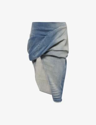 RICK OWENS DRKSHDW: Twisted Front-Slit Denim Midi Skirt