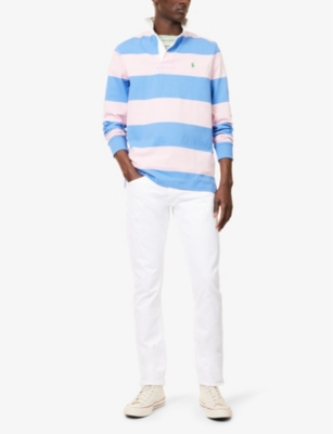 Polo Ralph Lauren Mens Rugby Striped Cotton-jersey Polo Shirt Pink Xxl In Pink