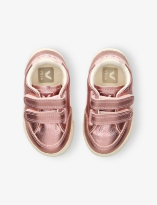 Veja Pink Comb Kids' Small V-12 Logo-embroidered Metallic Leather Low-top Trainers Eur 23 /6.5 Uk In Pink Comb