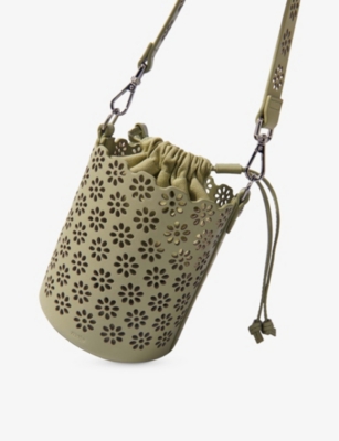 MAJE: Floral-Motif Perforated Leather Bucket Bag