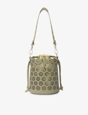 MAJE: Floral-Motif Perforated Leather Bucket Bag