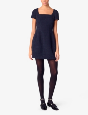 Shop Maje Womens Bleus Square-neck Tweed Cotton-blend Mini Dress