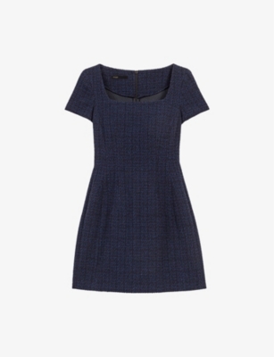 Shop Maje Womens Bleus Square-neck Tweed Cotton-blend Mini Dress