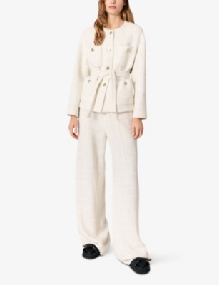 Shop Maje Womens Blanc Belted Round-neck Tweed Blazer