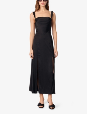 Maje Womens  Sweetheart-neck Frill-strap Stretch-satin Maxi Dress In Noir / Gris