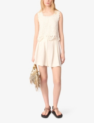 Maje Womens Sleeveless Cropped Open-knit Crochet Cotton Top Blanc In Blanc