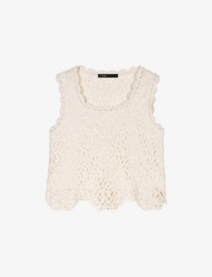 Maje Womens Sleeveless Cropped Open-knit Crochet Cotton Top Blanc In Blanc