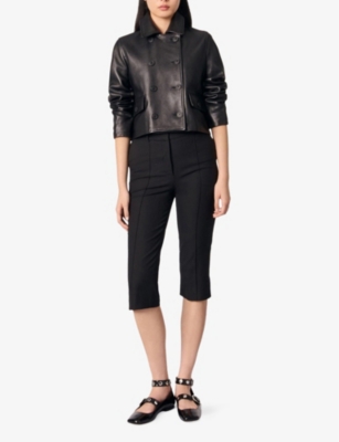 Maje Womens  Side-split High-rise Stretch-woven Capri Trousers In Noir / Gris
