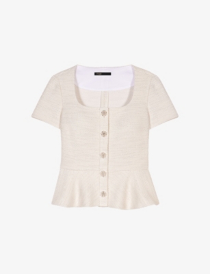 Maje Womens Short-sleeve Peplum Tweed Top Blanc In Blanc