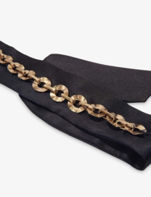 Maje Womens  Chain-embellished Silk-twill Thin Scarf In Noir / Gris
