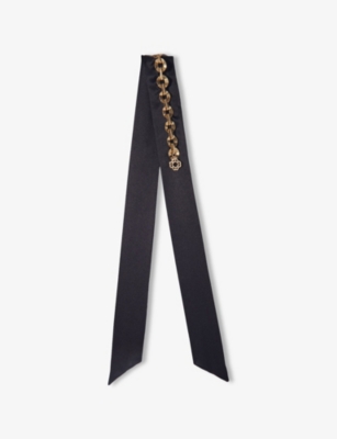 Maje Womens  Chain-embellished Silk-twill Thin Scarf In Noir / Gris