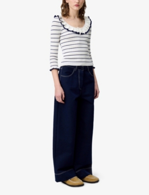 Claudie Pierlot Womens  Stripe Frill-collar Long-sleeve Knit Top In Bleus
