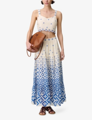 CLAUDIE PIERLOT: Flower-Embroidered High-Rise Tiered Cotton Maxi Skirt
