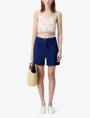 Claudie Pierlot Womens Divers Flower-embroidered V-neck Cotton Top In Neutral