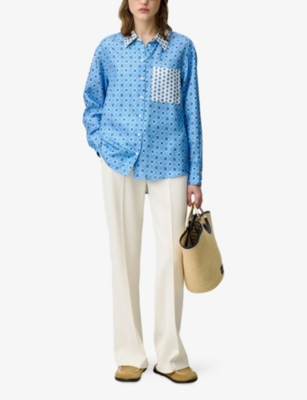 Claudie Pierlot Womens  Tile-pattern Long-sleeved Silk Shirt In Bleus