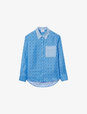 Claudie Pierlot Womens  Tile-pattern Long-sleeved Silk Shirt In Bleus
