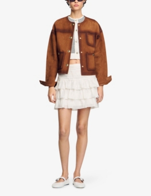 Sandro Womens Draped-waist Ruffled Linen-blend Mini Skirt Naturels In Naturels