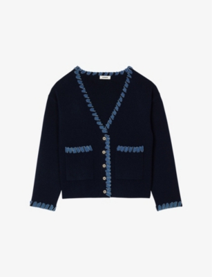 SANDRO: V-Neck Contrast-Panel  Knitted Cardigan